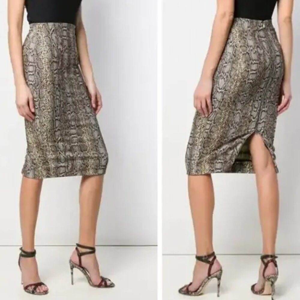 Victoria Beckham Brown Snake Print Midi Pencil Skirt Stretch Y2K‎ Size 4